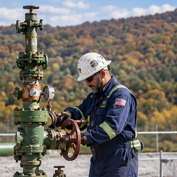 A field technician checking a valve at a natural gas well pad