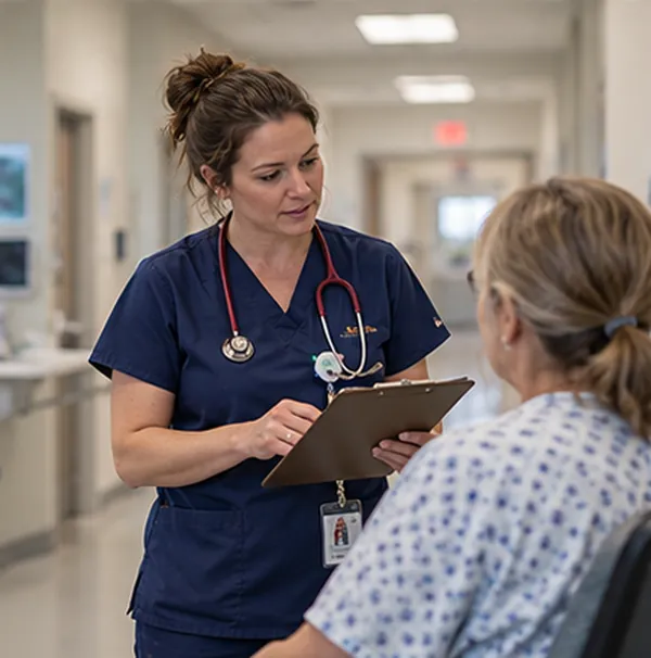 A nurse talking with a patient