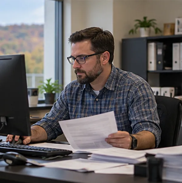 An office worker reviewing paperwork at a desk