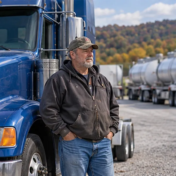 A truck driver standing beside a semi