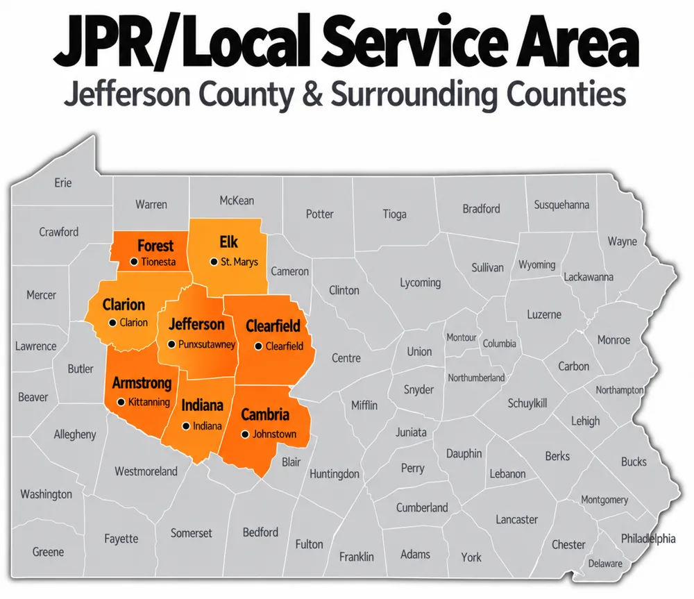 Map of Pennsylvania highlighting the JPR/Local service area: Jefferson, Clearfield, Indiana, Armstrong, Clarion, Elk, Forest and Cambria counties